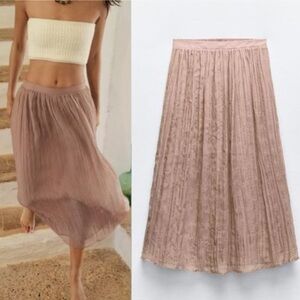 Zara Organza Midi Skirt Rustic Taupe Mid Rise Size m Women’s 4387/221 New Boho